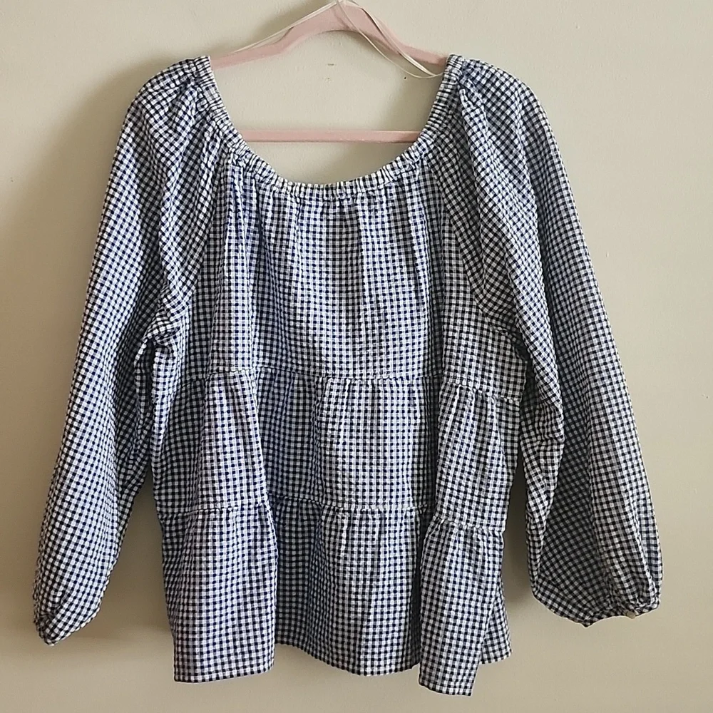 Old Navy Blue White Gingham Puff Sleeve Blouse Babydoll Top Feminine Prarie